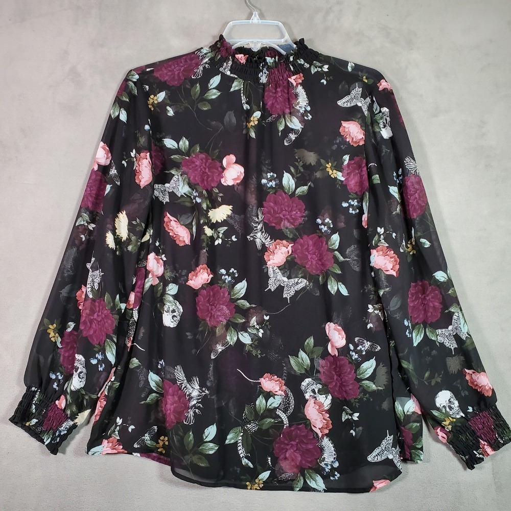 Torrid Top Womens 2X Black Floral Skull Print Smocked Long Sleeve Fairy Goth
